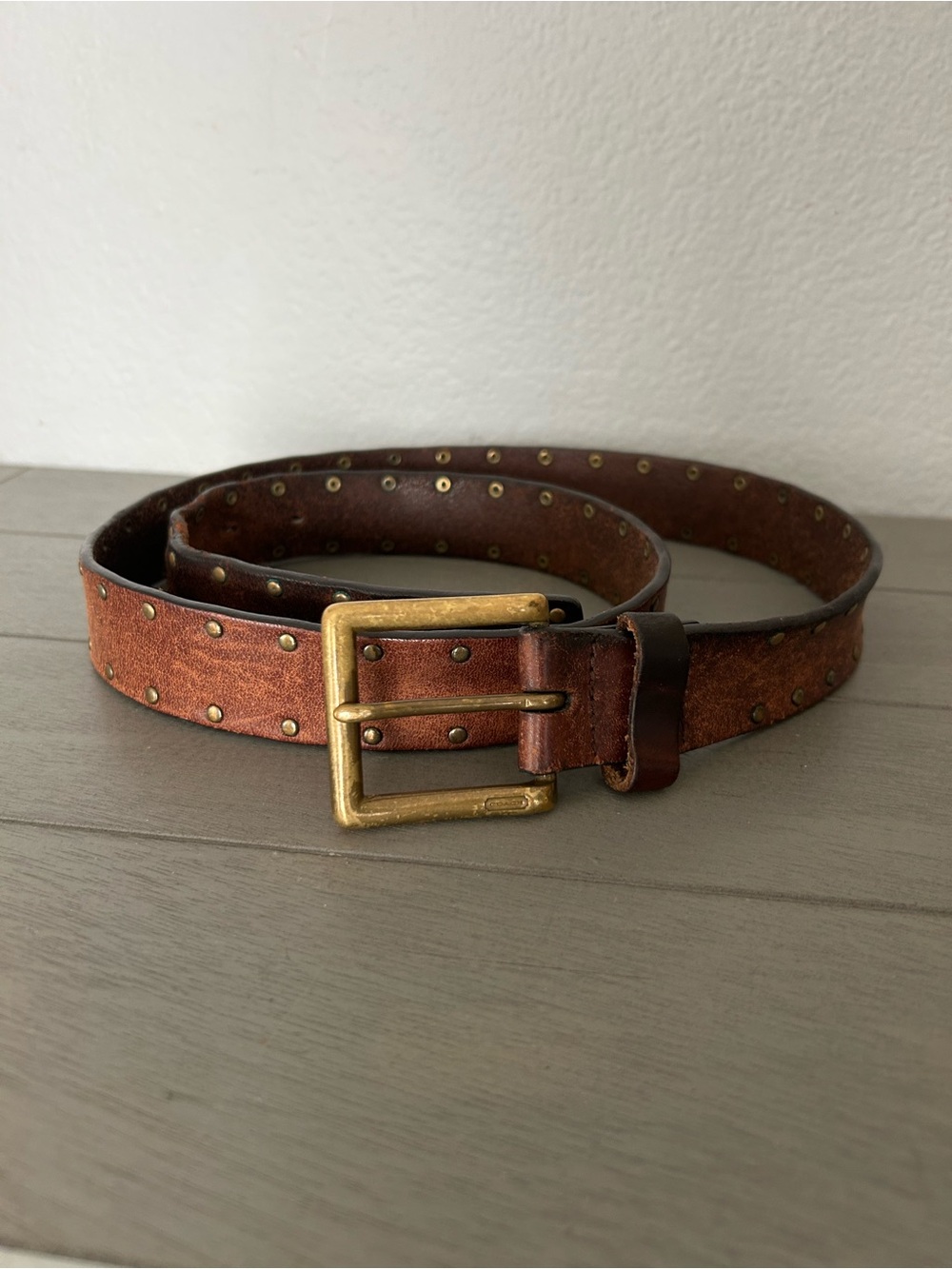 Coach Brown Leather and Brass Studded Belt with Logo Stamped Brass Buckle Large